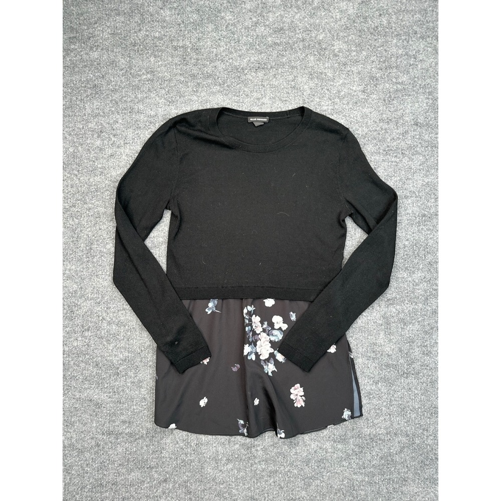 Club Monaco Womens Small Black Mixed Media Floral Hem Knit Sweater Long Sleeve - Picture 1 of 11